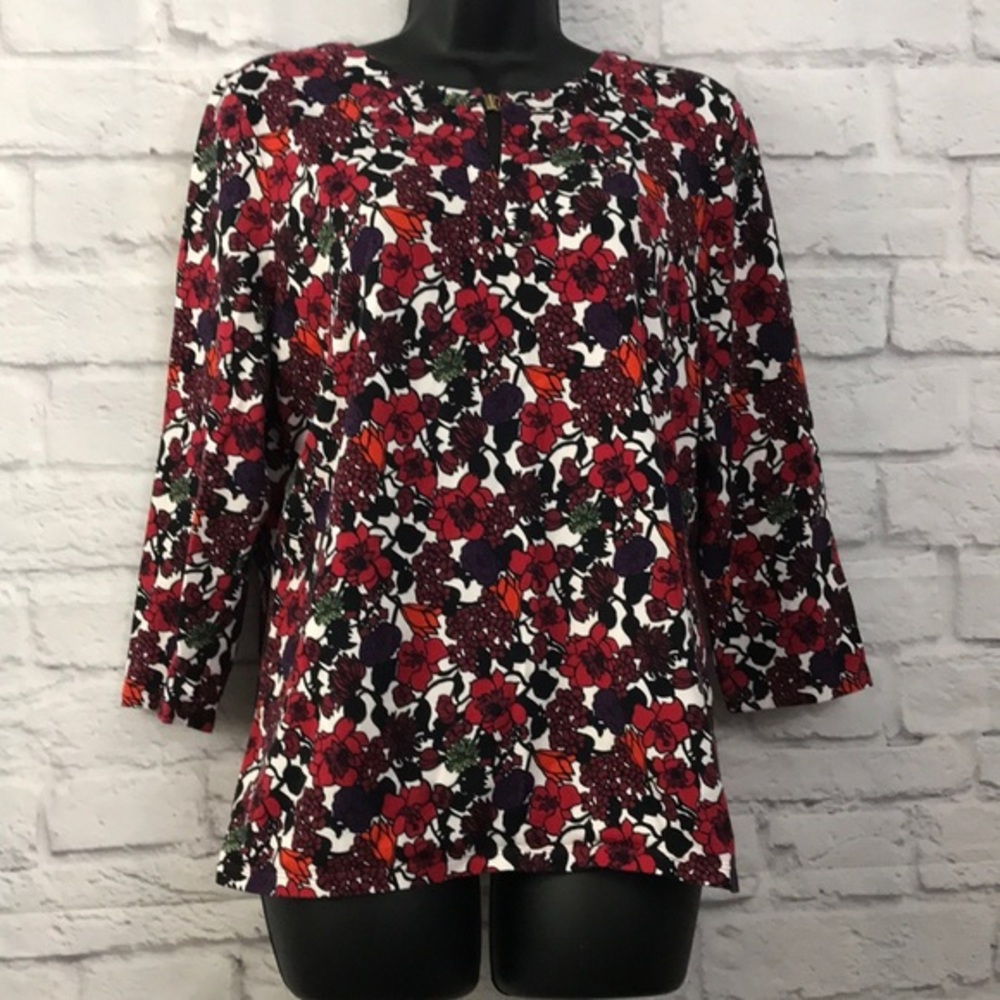 Talbot’s Red/Blk Floral Print 3/4” Sleeve Pullover Large